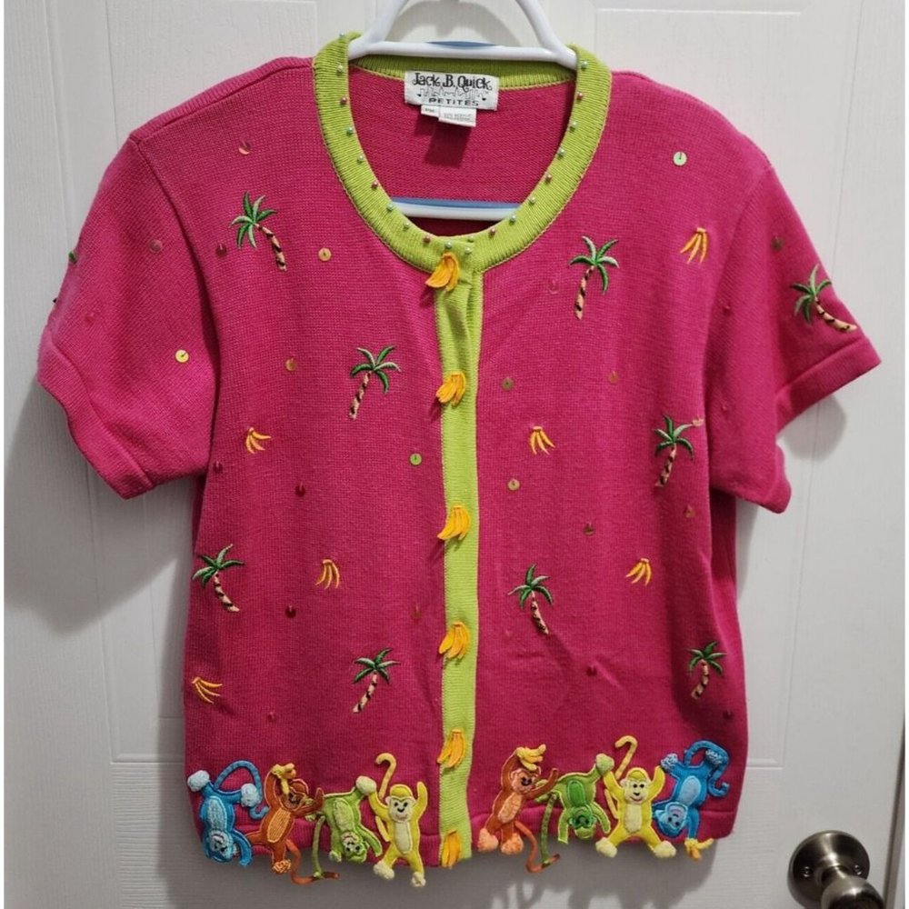 Jack B Quick Women's Short Sleeve Cardigan Sweater Monkey Embroidered Pink Sz PM